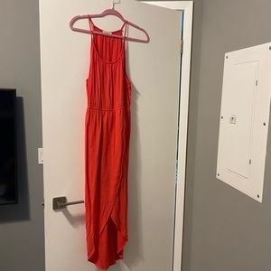 Coral summer dress, thin straps, racer back. High low front